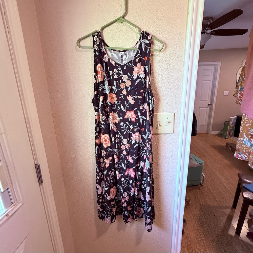Old Navy Black Floral Maxi Dress with Peach and Green Accents